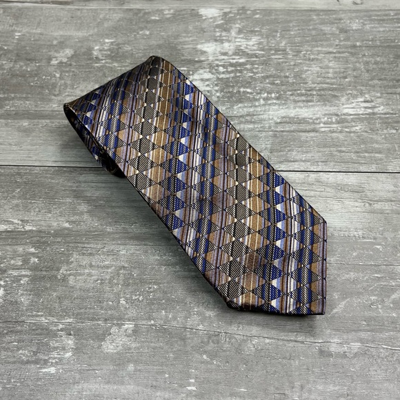 Missoni Blue, Tan, Gold & Navy Check Silk Tie - Picture 2 of 5